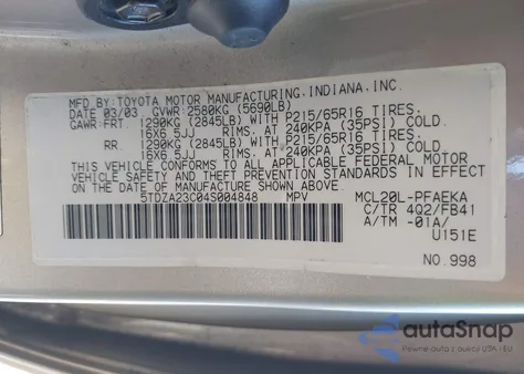 2004 Toyota Sienna Ce/Le z USA, uszkodzony, nr VIN 5TDZA23C04S004848